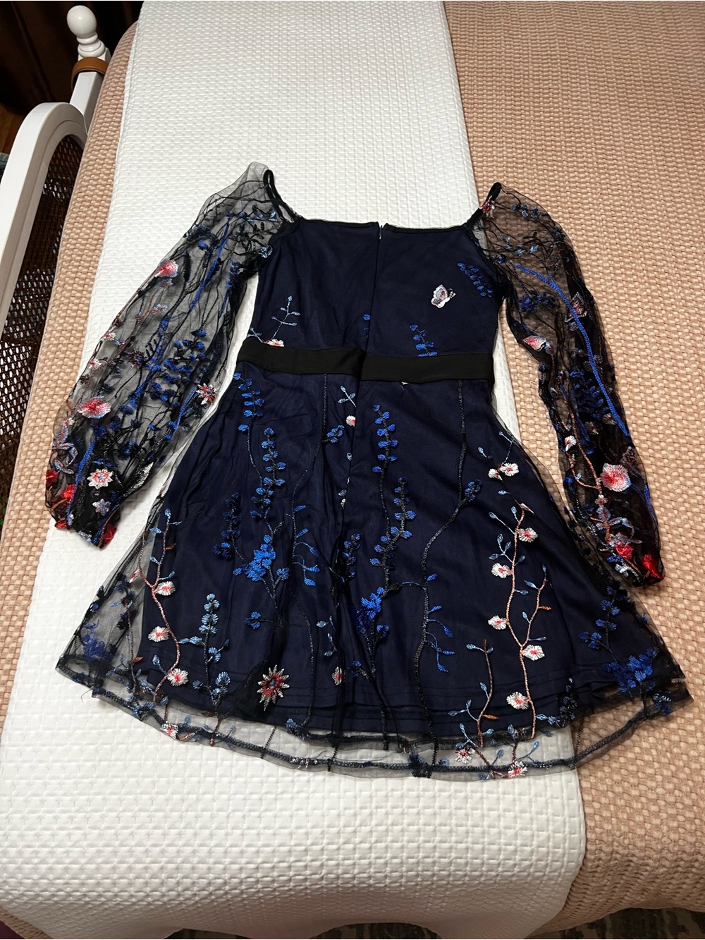 Women’s Navy Floral Embroidered Long Sleeve Dress